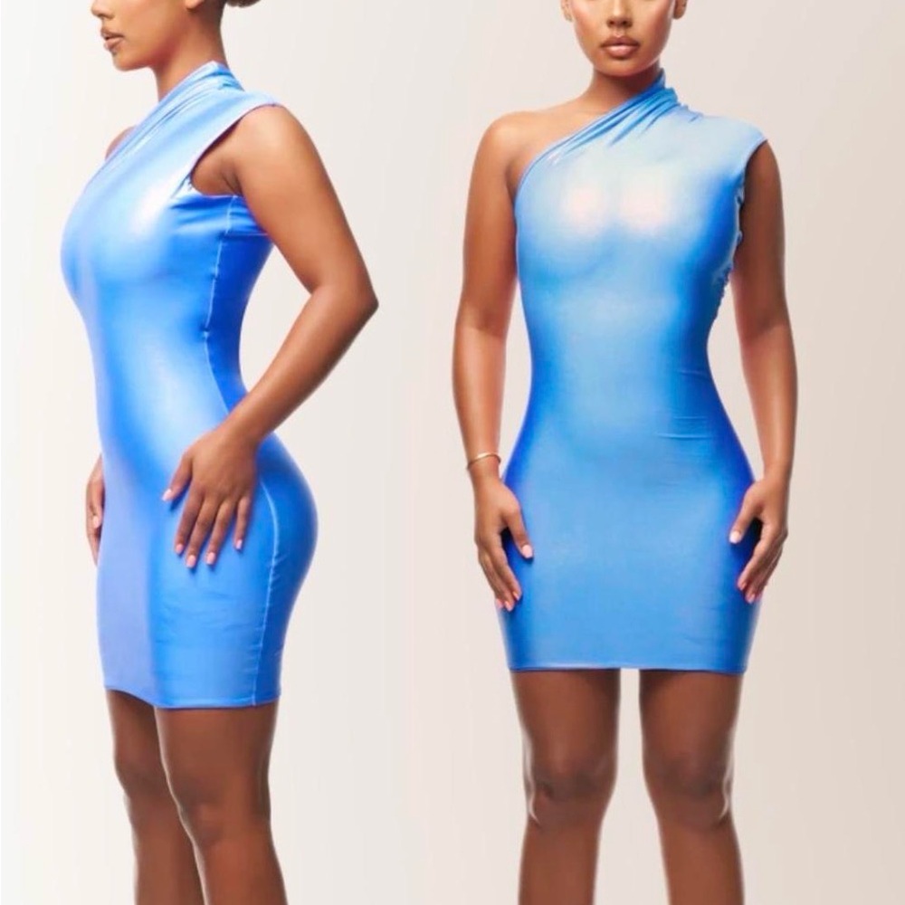 Coucoo Asymmetric One-Shoulder Blue Bodycon Mini Dress